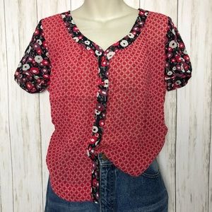 Boden Floral Trim Button Up Short Sleeve Blouse